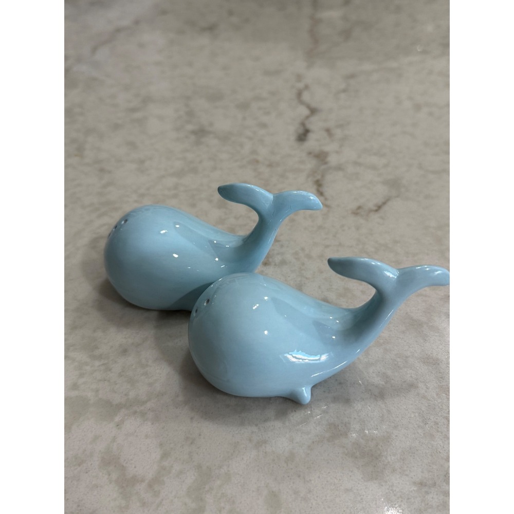 Light Blue Ceramic Whale Salt and Pepper Shakers Nautical Coastal Decor Set